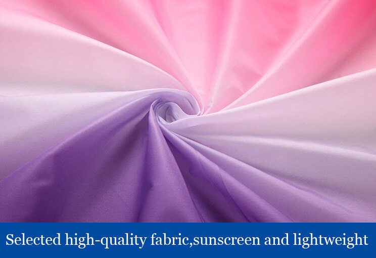 Gradient pink and purple high-quality, lightweight fabric, perfect for sunscreen protection. Swirl pattern showcasing soft texture.