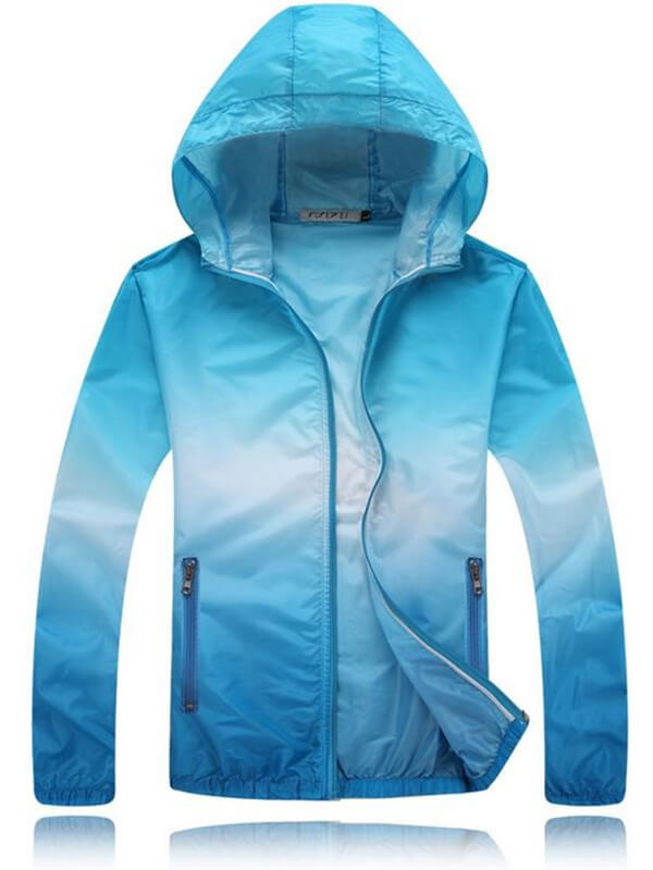 Unisex blue lightweight quick-dry sports windbreaker with hood, perfect for camping and hiking, made with coolmax material technology.