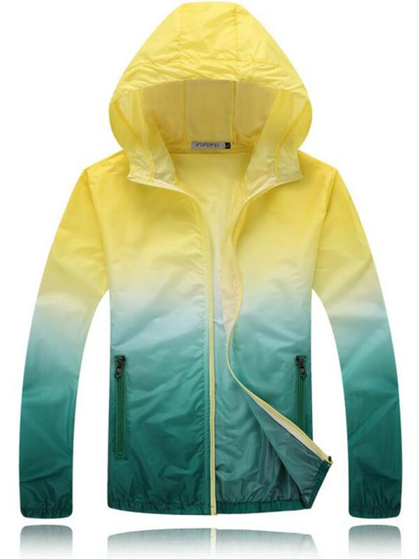Unisex Lightweight Quick Dry Sports Windbreaker with Hood in Gradient Yellow-Green - SF0470, ideal for outdoor activities.