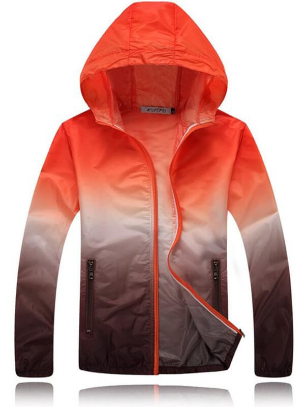 Unisex lightweight quick-dry sports windbreaker with hood, featuring a vibrant orange gradient design, perfect for outdoor activities.