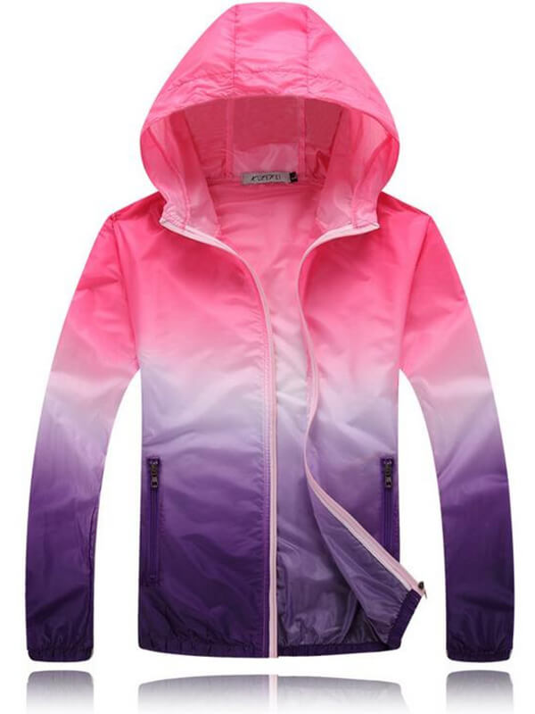 Unisex lightweight quick dry sports windbreaker with hood in vibrant pink to purple gradient, perfect for outdoor adventures.