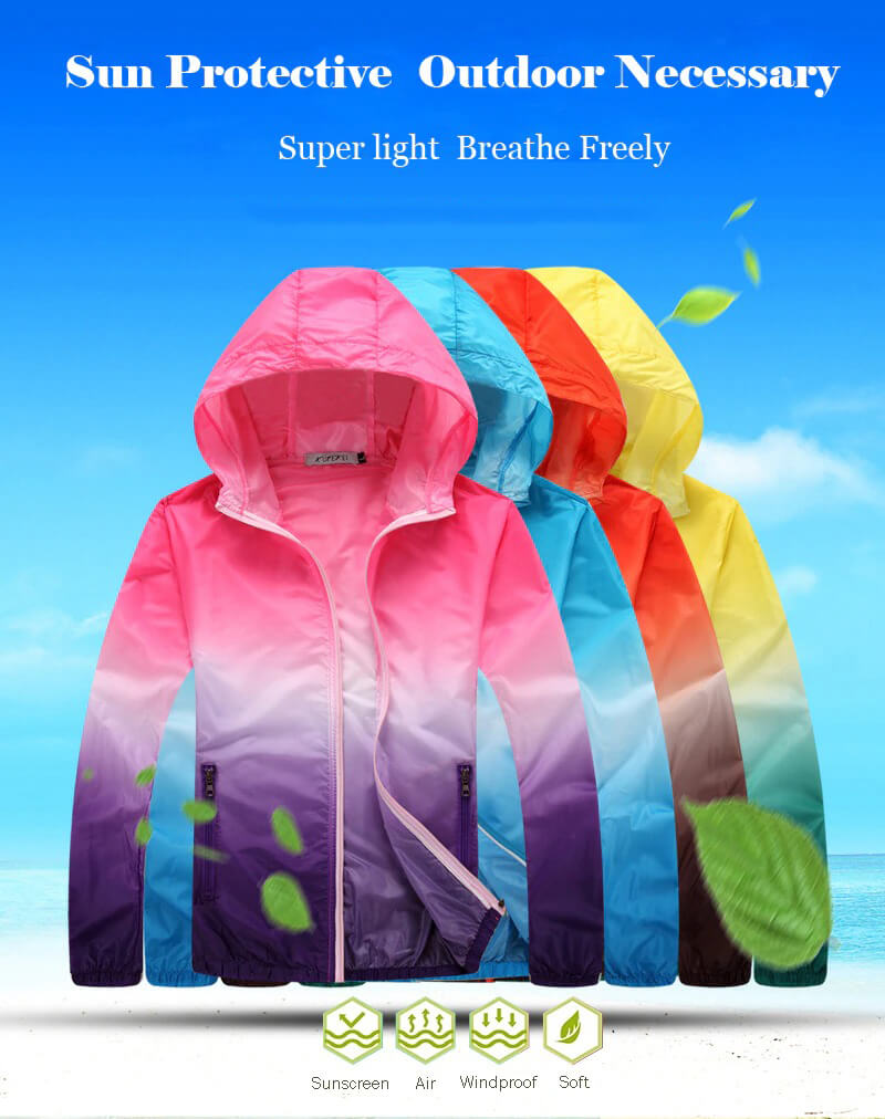 Colorful unisex quick-dry sports windbreakers with hoods, showcasing sun protective, lightweight, and breathable features.