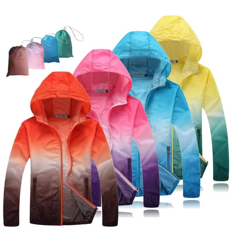 Colorful unisex lightweight quick dry sports windbreakers with hoods, perfect for outdoor activities like camping and hiking.