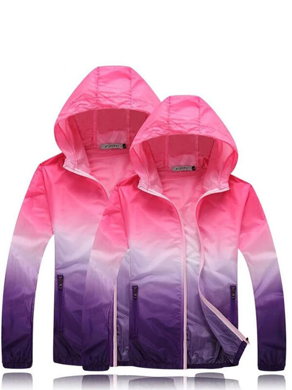 Unisex Lightweight Quick Dry Sports Windbreaker with Hood in pink and purple gradient, perfect for outdoor activities like hiking and camping.