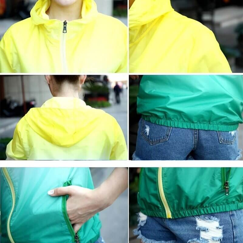 Unisex lightweight quick dry sports windbreaker with hood, showing yellow and green colors, zip details, and pocket features.