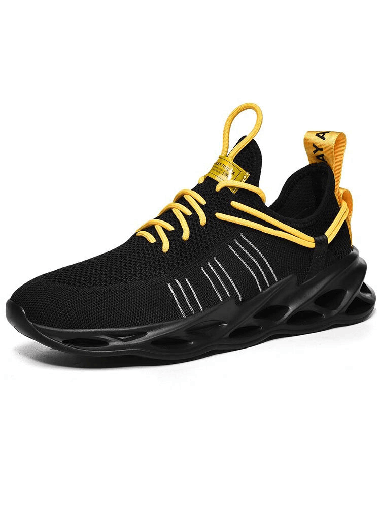 Unisex Mesh Breathable Running Shoes in black with yellow laces, featuring a lightweight mesh upper and EVA outsole, perfect for athletes.