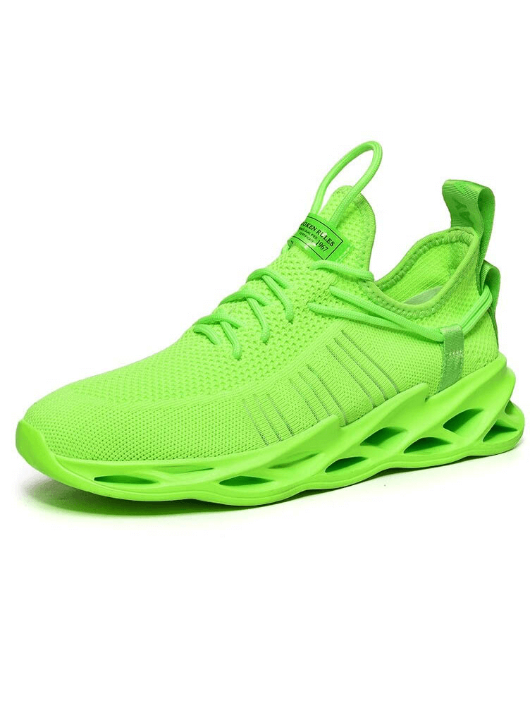 Bright green unisex mesh breathable running shoe with EVA outsole and lace-up design for comfort and performance.