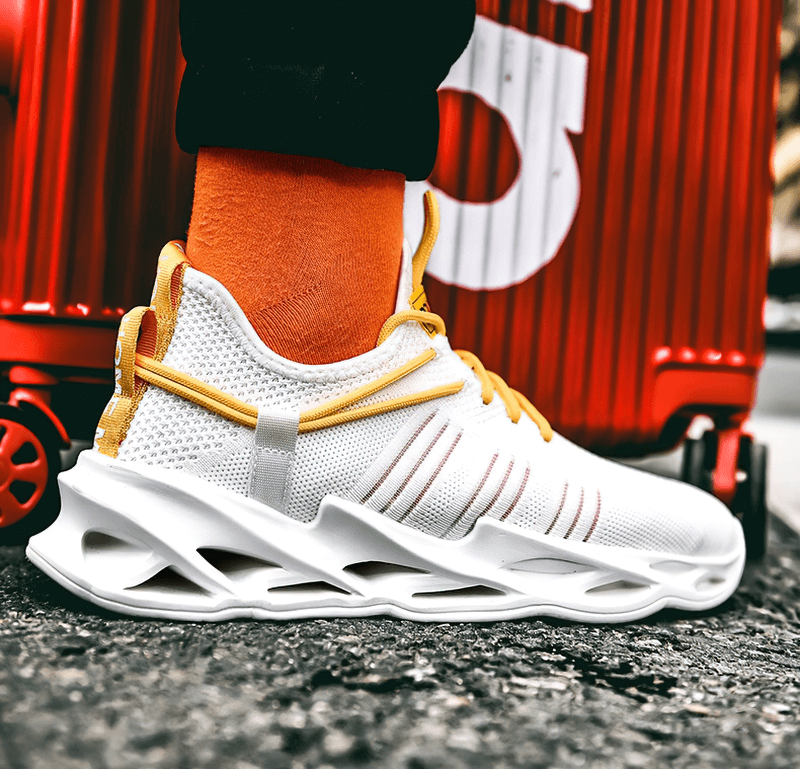 Unisex mesh breathable running shoes SF0255 with lace-up design and stylish white and yellow color scheme, perfect for outdoors.
