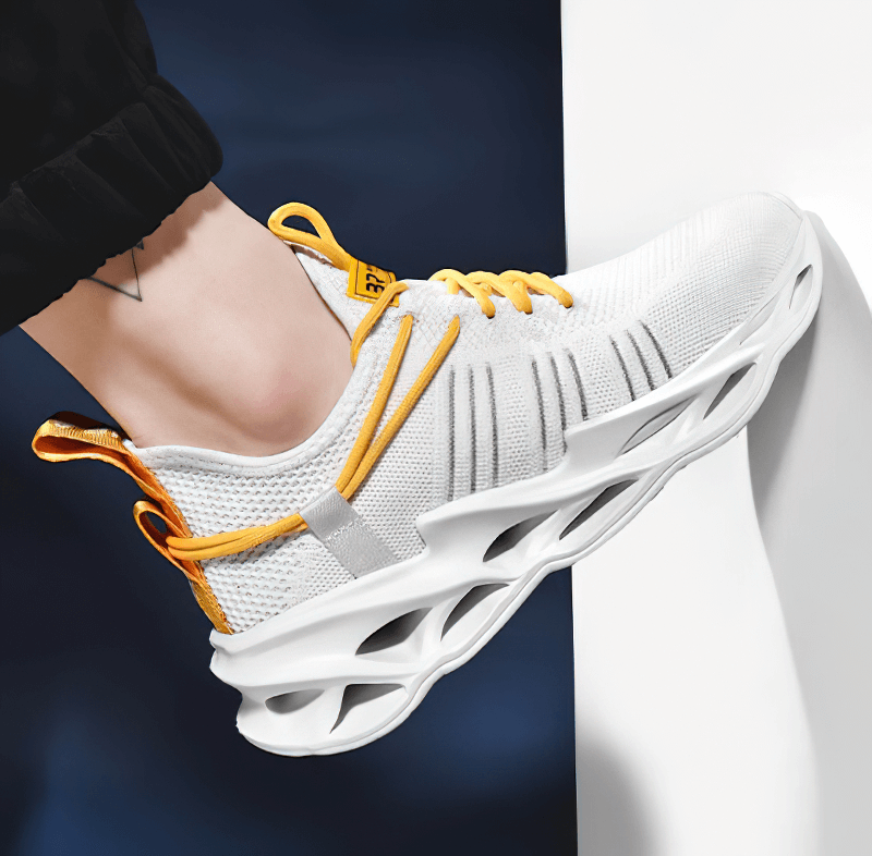 Unisex Mesh Breathable Running Shoes with white mesh upper and yellow laces, featuring EVA outsole and PU Leather insole, model SF0255