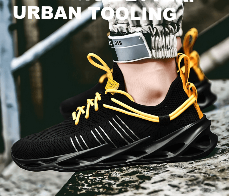 Unisex mesh breathable running shoes with lace-up closure and vibrant yellow laces, ideal for athletic activities and urban style.