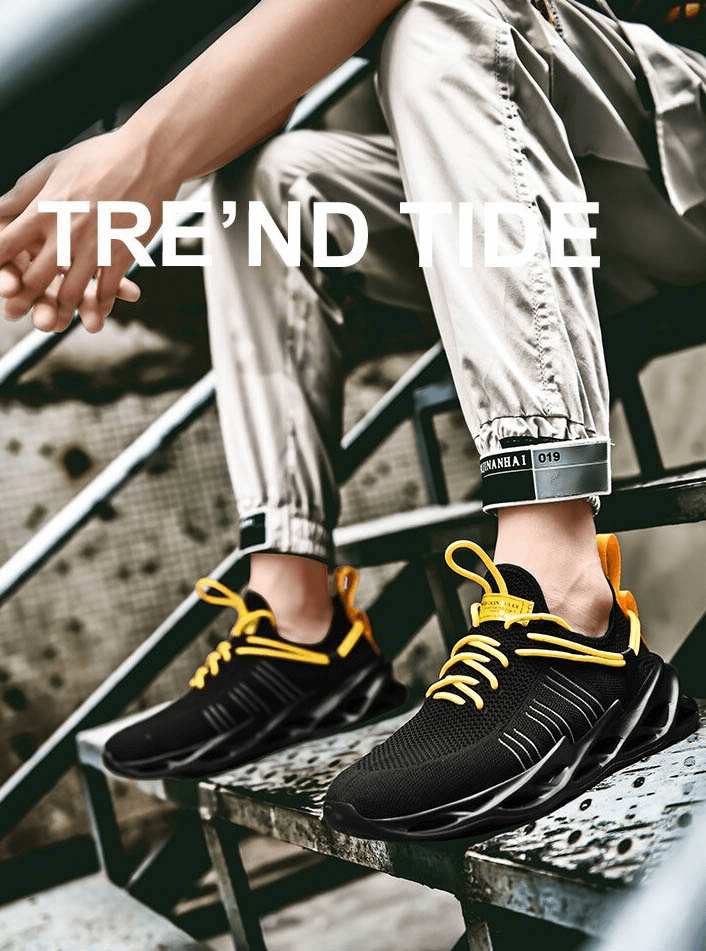 Unisex mesh breathable running shoes with yellow laces on a staircase, offering comfort and style for athletic activities.