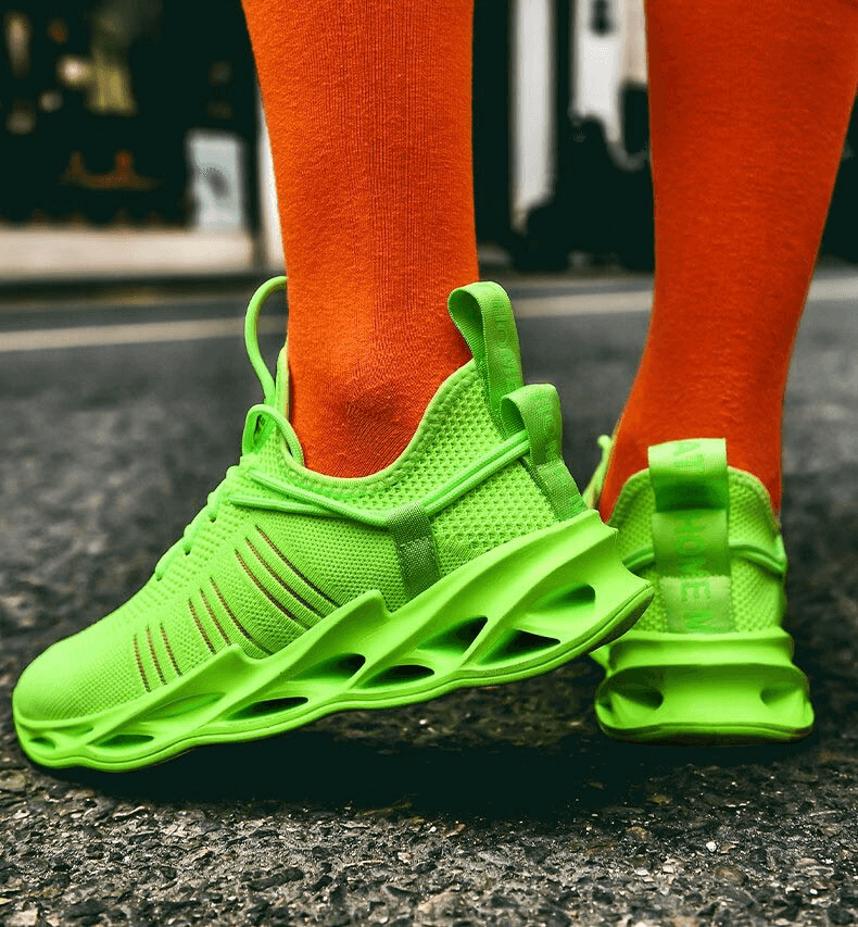 Bright green unisex mesh breathable running shoes with sporty design, featuring a lace-up style and cushioned EVA outsole.