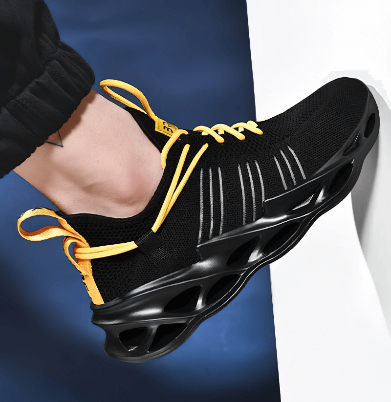 Unisex Mesh Breathable Running Shoes - Black with Yellow Laces, Lightweight and Cushioned for Comfort and Performance