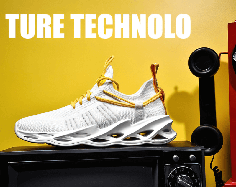 Stylish unisex mesh breathable running shoe with yellow accents on vintage TV, highlighting modern design with retro vibe.