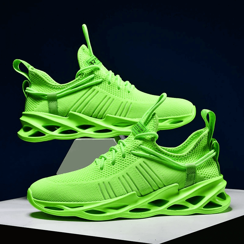 Bright green unisex mesh breathable running shoes with lace-up closure and unique sole design displayed on a white platform.