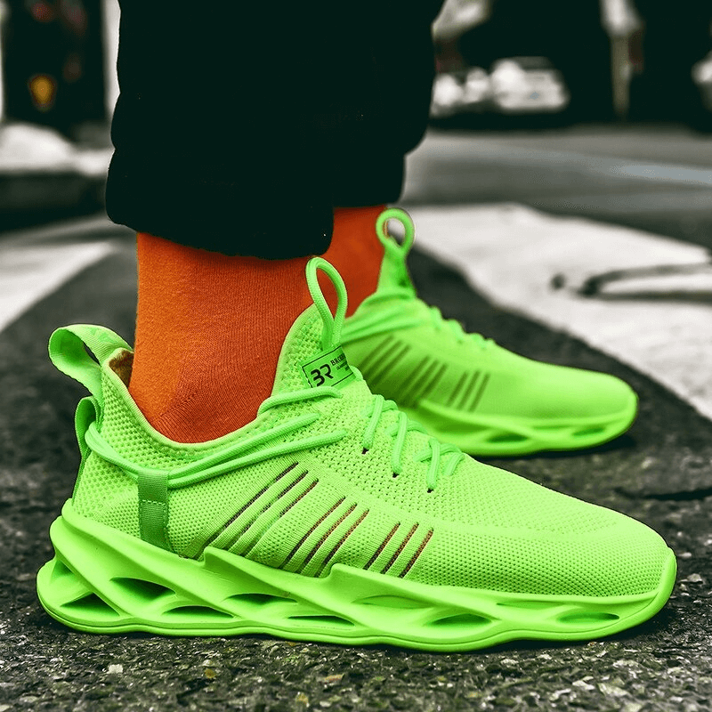 Vibrant green unisex mesh breathable running shoes with lace-up design, perfect for athletics, featuring EVA outsole and PU insole.