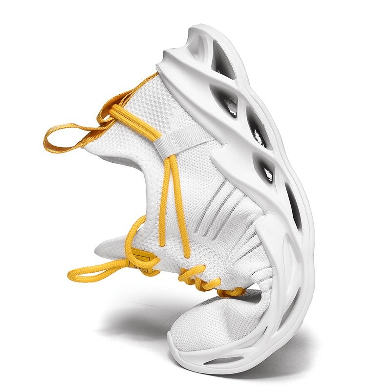 White and yellow unisex mesh breathable running shoes with EVA outsole, superior cushioning, and lace-up design for any activity.