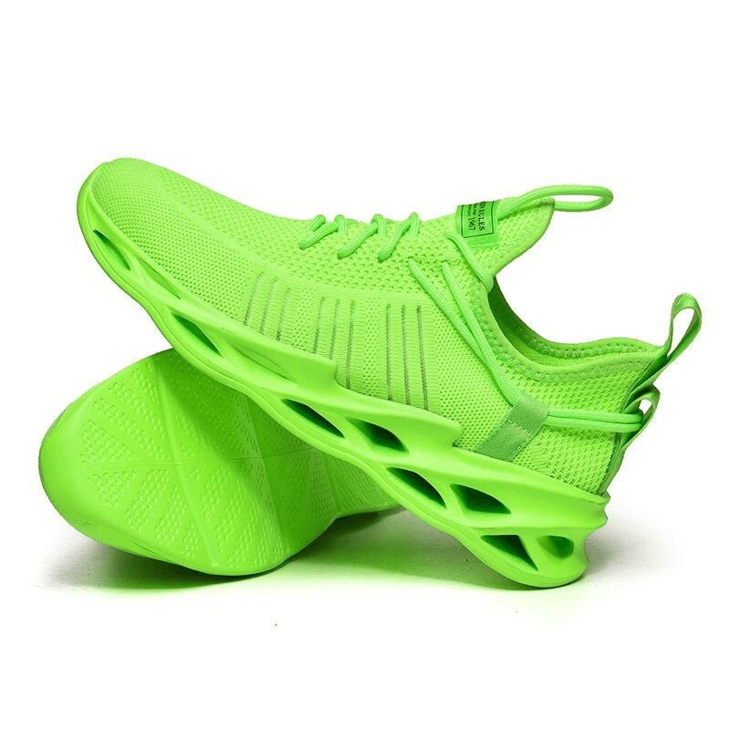 Bright green unisex mesh breathable running shoes with lace-up closure and EVA outsole for athletic comfort and performance.
