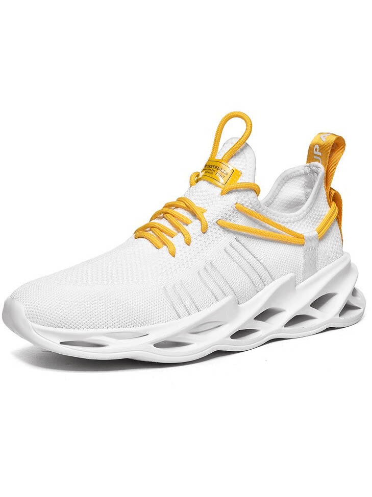 Unisex mesh breathable running shoe in white with yellow accents, featuring lace-up design and cushioned sole for comfort and style.