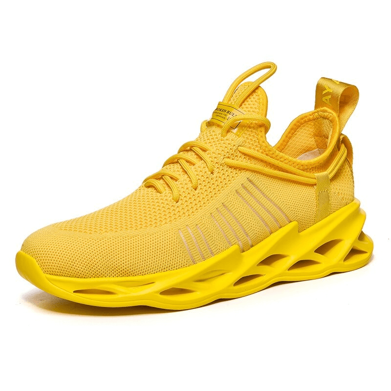 Vibrant yellow unisex breathable mesh running shoe with lace-up design, EVA outsole, and PU leather insole for comfort and performance.