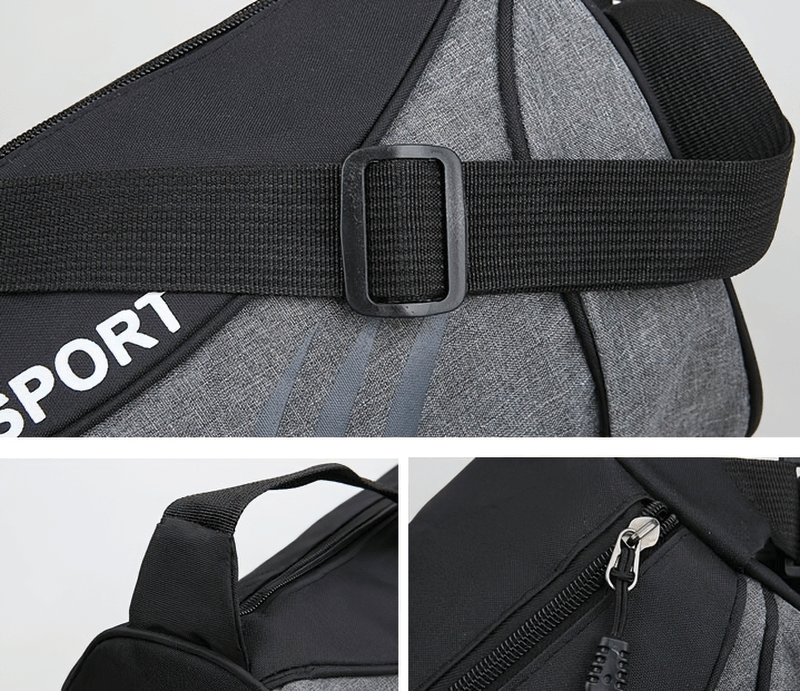 Close-up of gray hiking sports bag with adjustable belt and sturdy zippers, perfect for unisex outdoor activities. Model: SF0783.