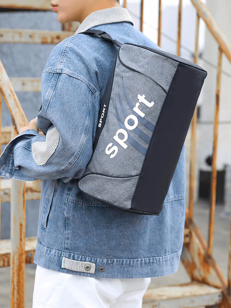 Person wearing gray unisex multifunction hiking sports bag with belt, labeled 'sport', stylish and perfect for outdoor adventures.