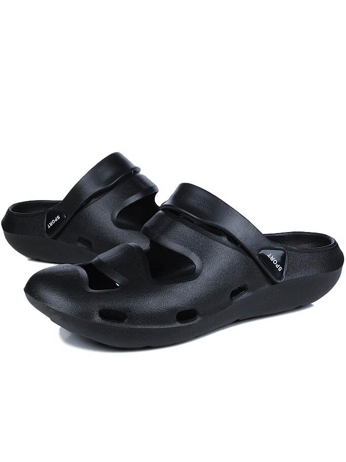 Unisex soft hollow clogs slippers, black rubber Crocs, ideal for outdoor activities, featuring EVA upper and latex cushioning for comfort.