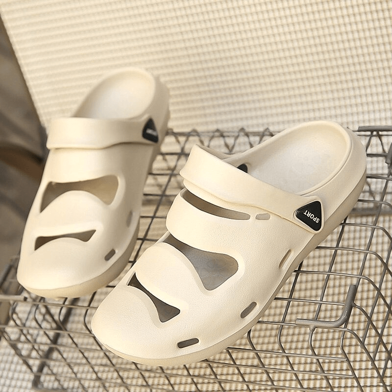 Unisex Soft Hollow Clogs Slippers on metal grid, lightweight EVA upper, comfortable rubber outsole, versatile outdoor style