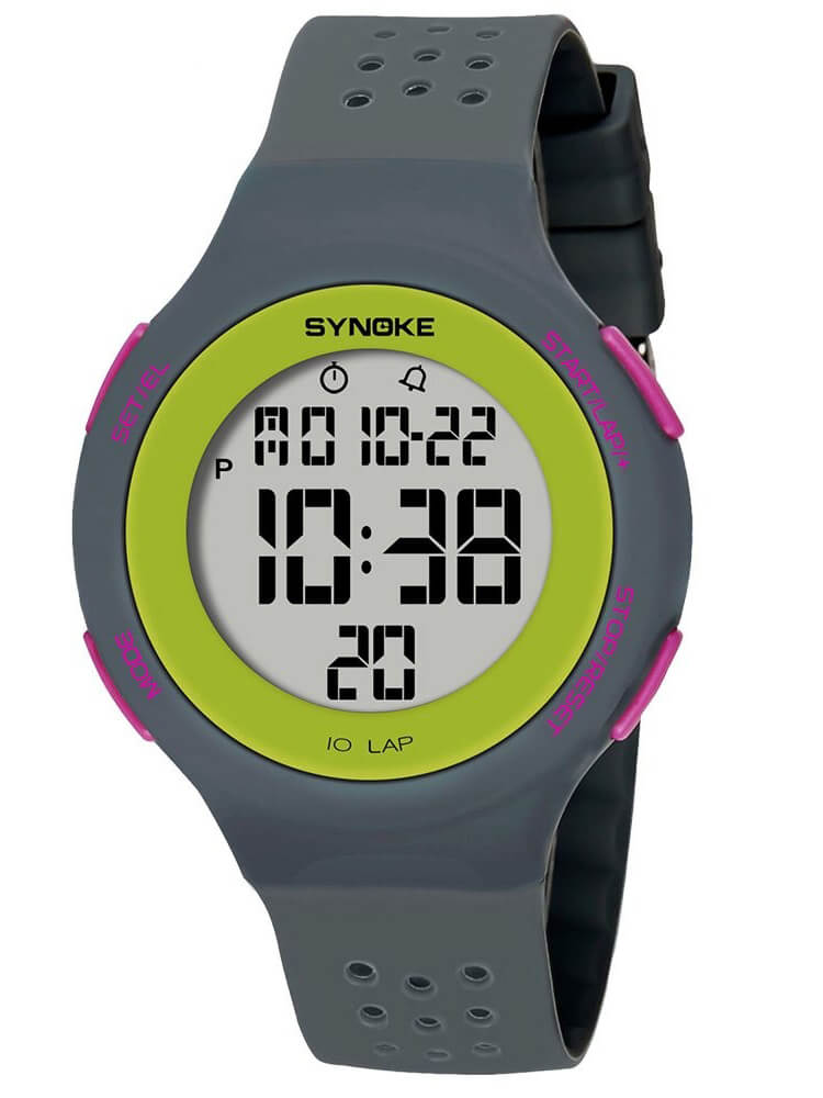 Unisex ultra-thin digital watch with green bezel and gray strap, featuring waterproof design and LED display for sports and activities.