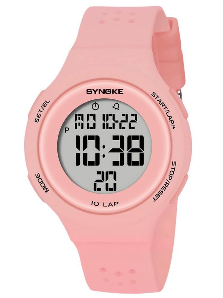 Pink unisex ultra-thin digital watch featuring a LED display and waterproof design, perfect for sports with a 24cm band.