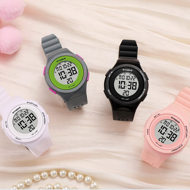 Colorful unisex ultra-thin digital waterproof sports watches with LED display and shock resistance on display.
