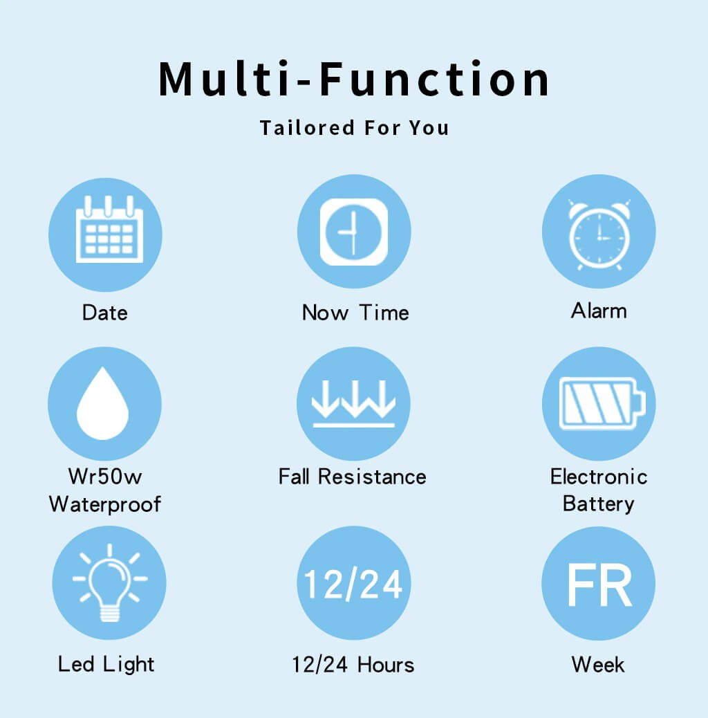 Features of Multi-Function Watch: Date, Current Time, Alarm, Waterproof, Fall Resistant, LED Light, 12/24 Hour Mode, Weekly Display.
