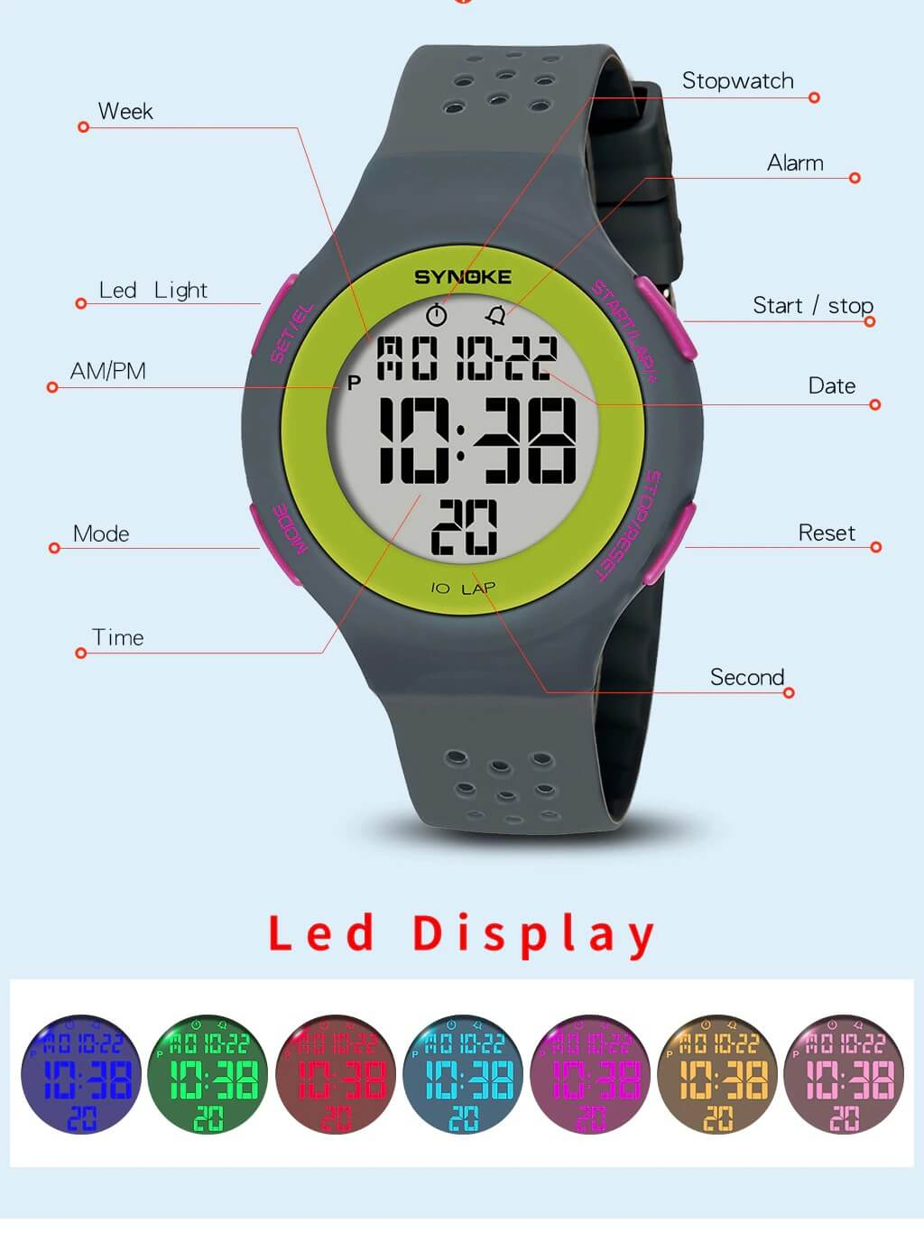 Ultra-thin unisex waterproof digital watch with LED display and multiple functions, ideal for sports and swimming. Model SF0496.