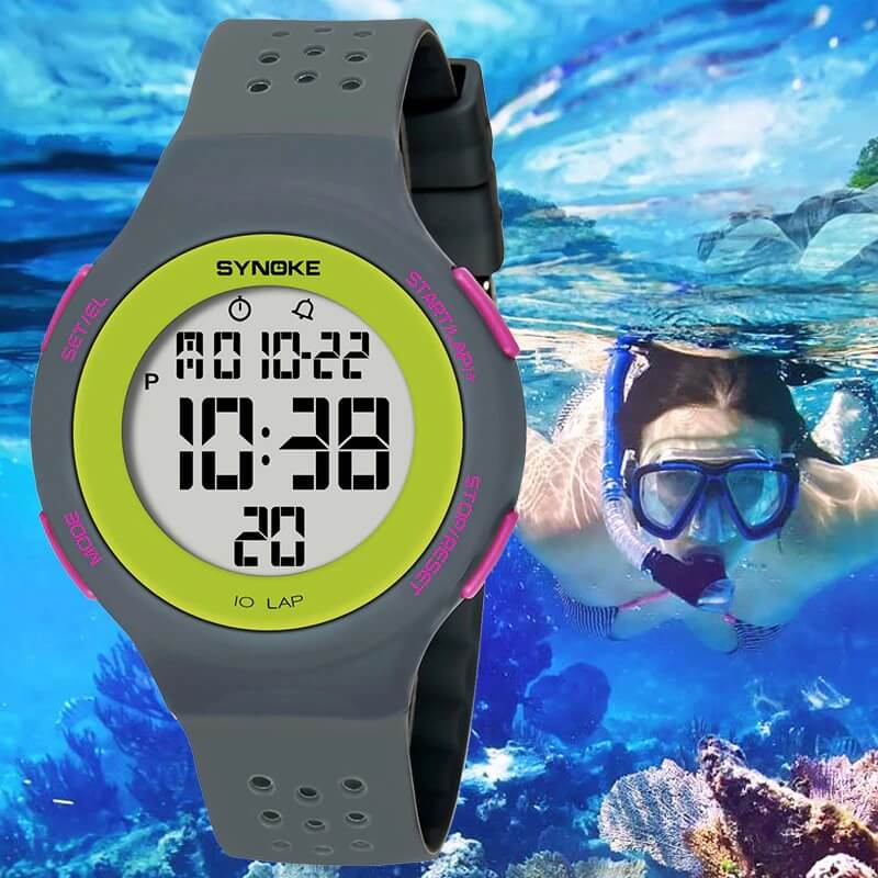 Unisex ultra-thin waterproof digital watch SF0496, ideal for swimming, featuring LED display and shock resistance, with swimmer backdrop.