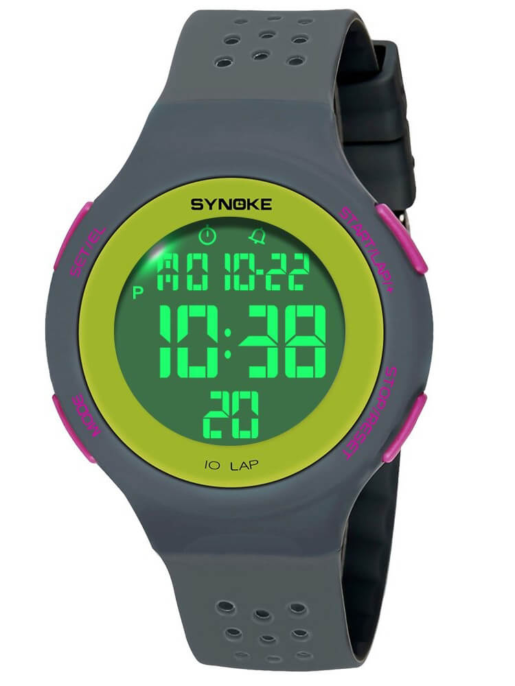 Unisex ultra-thin digital watch with green LED display, waterproof SF0496 model, featuring stopwatch and shock resistance for sports.