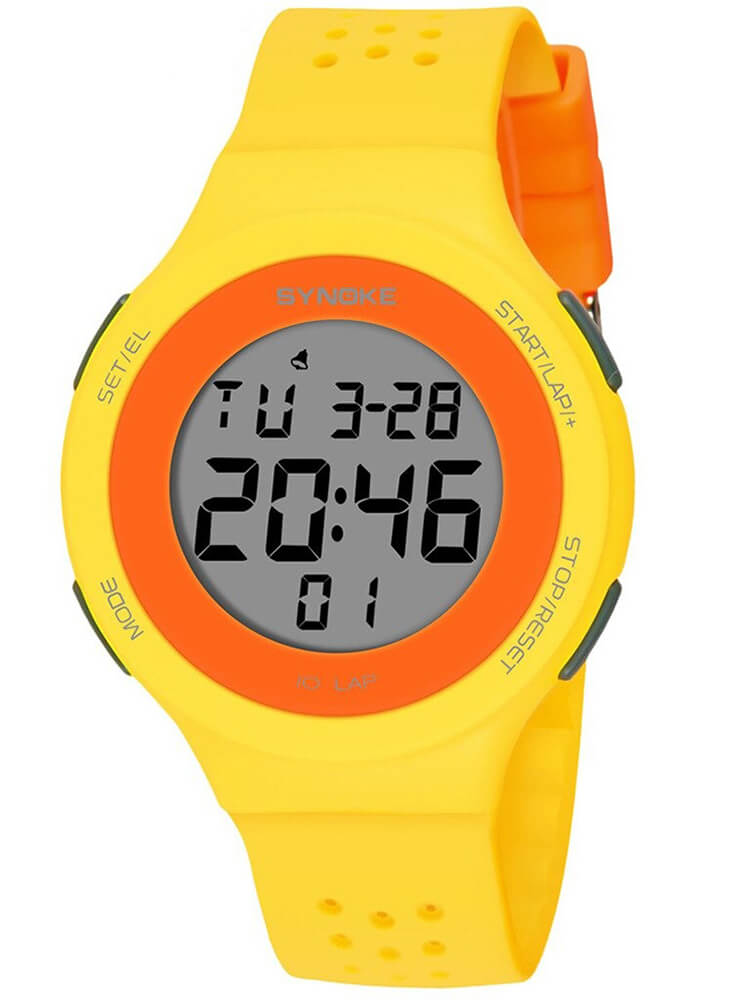 Bright yellow unisex ultra-thin waterproof digital watch with orange accents, featuring LED display and stopwatch function.