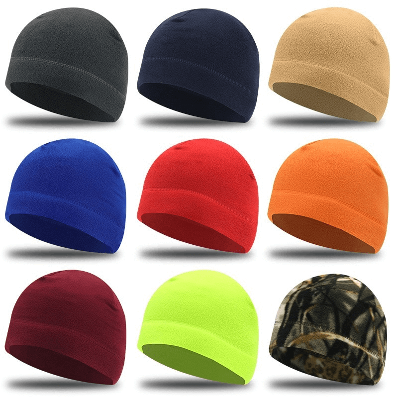 Colorful collection of unisex windproof fleece sports hats for fishing and hunting, showcasing various vibrant designs and styles.