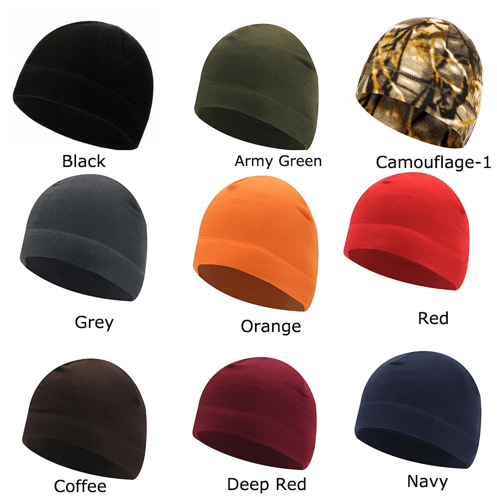 Nine unisex windproof fleece sports hats for fishing and hunting in various colors: black, army green, camouflage, grey, orange, red, coffee, deep red, navy.