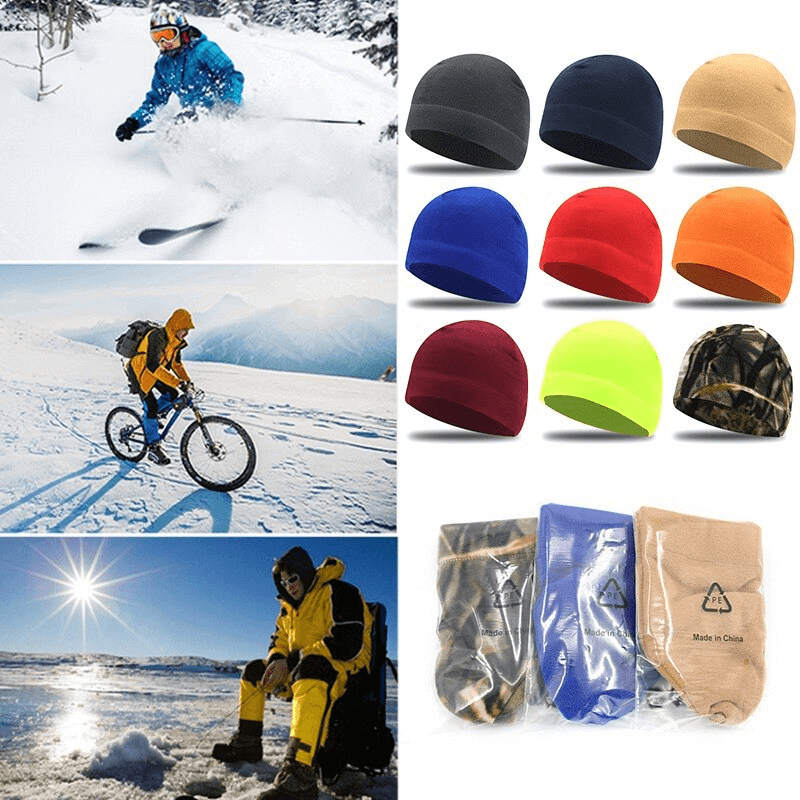 Unisex windproof fleece sports hats in various colors, perfect for skiing, biking, and winter activities, with packaging showing sizes.