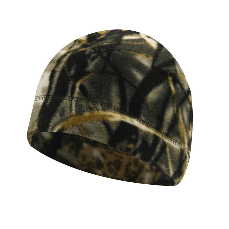 Unisex windproof fleece sports hat for fishing and hunting, featuring thermal insulation and camo design. Perfect for cold weather.