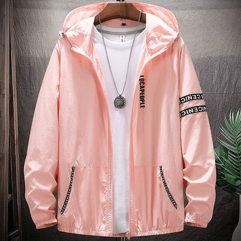 Pink UV sun protection hooded windbreaker jacket on hanger, showcasing full sleeves and sporty design.