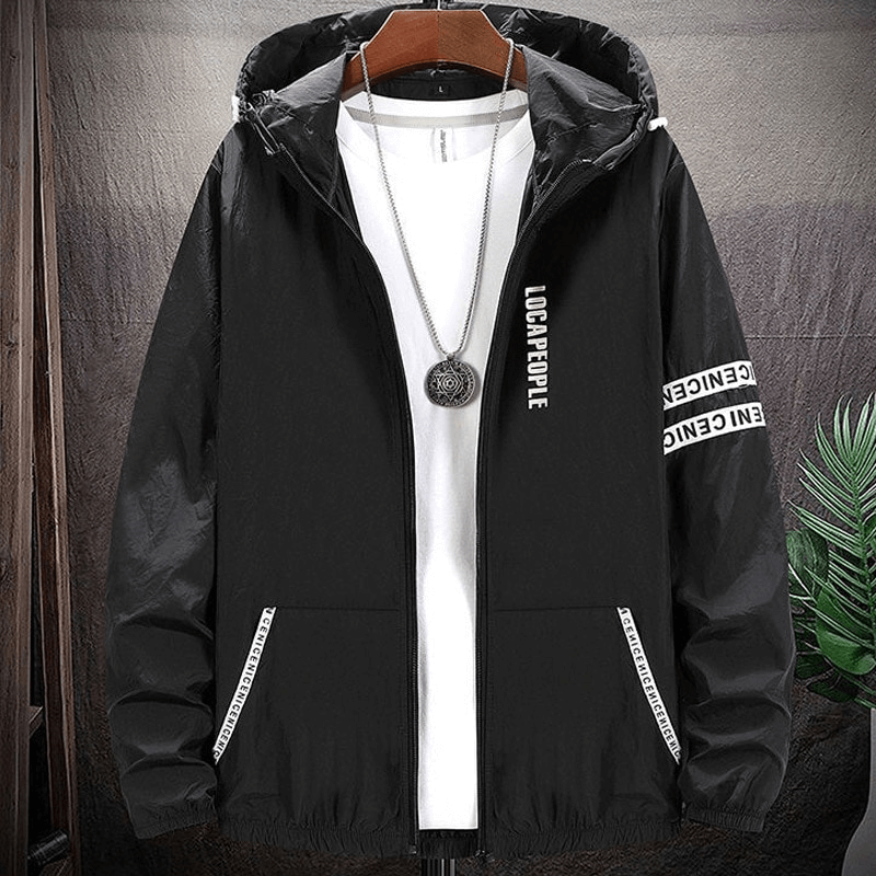 Stylish black UV sun protection hooded windbreaker jacket for men, featuring breathable nylon fabric, full-length sleeves, and sporty design.