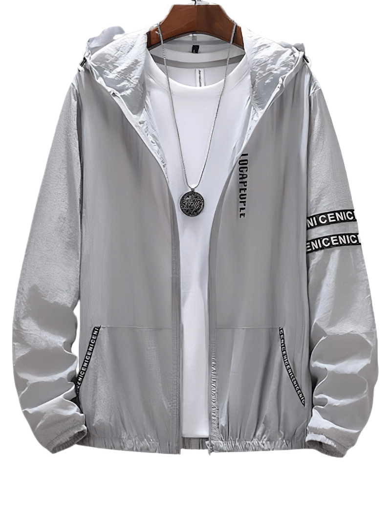 Gray UV Sun Protection Ultra Light Hooded Windbreaker, full-length sleeves, lightweight sports jacket, perfect for summer activities.