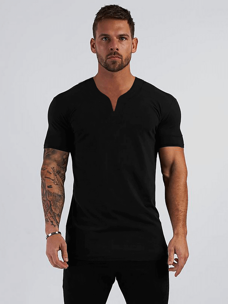 Men's black V-neck short sleeve slim fit t-shirt for gym and casual wear.