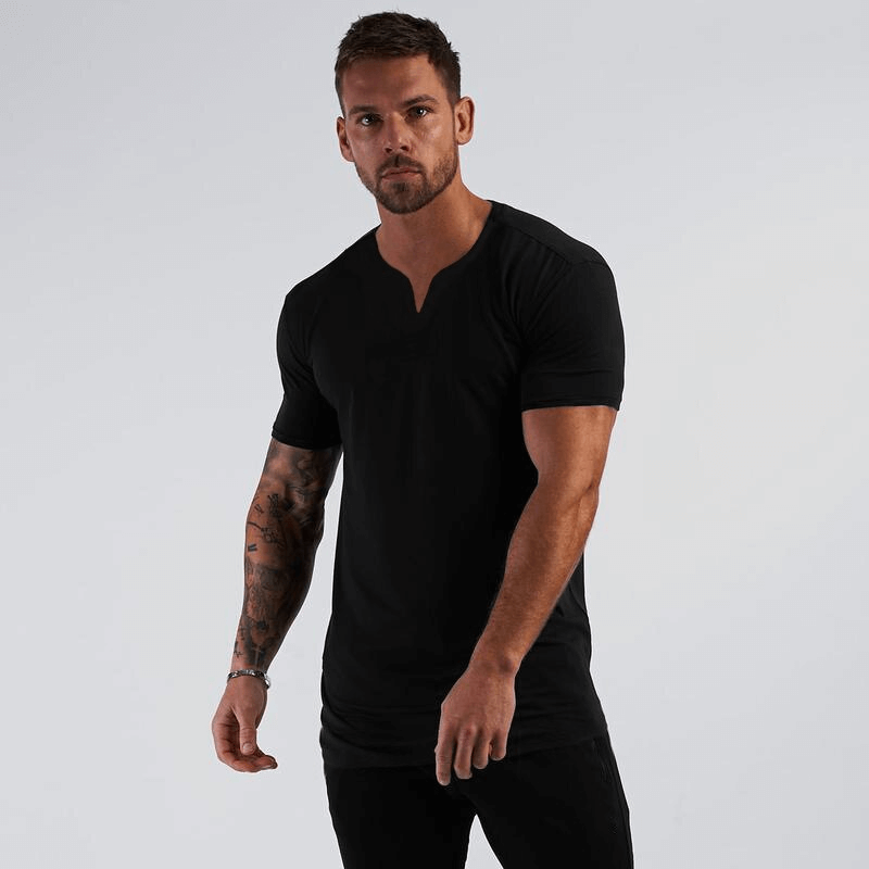 Man wearing black V-neck slim fit T-shirt, perfect for gym or casual wear