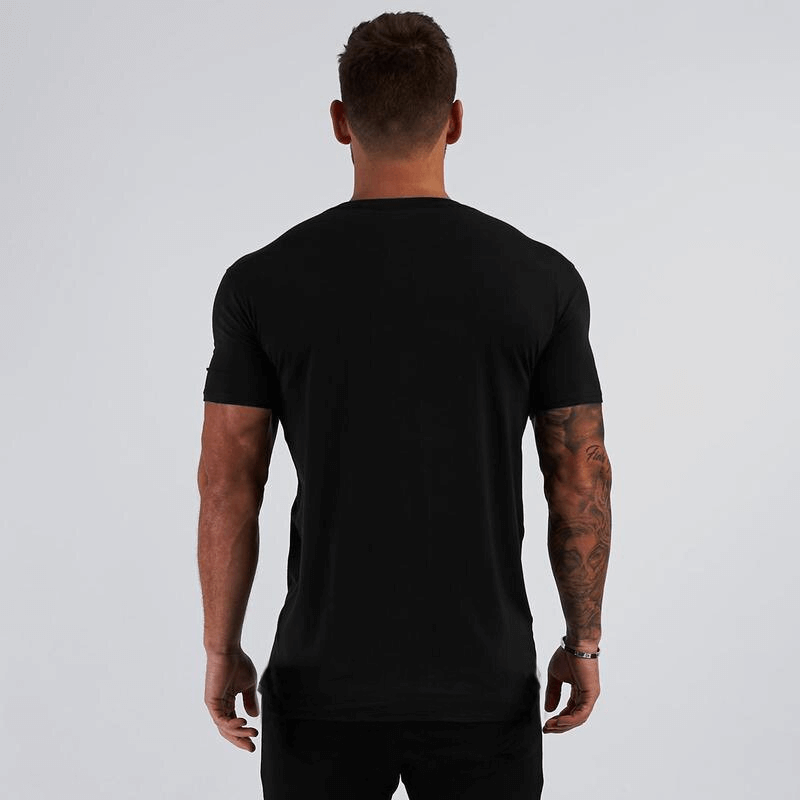 Back view of a black V-neck short sleeve slim-fit fashion t-shirt for men, ideal for casual gym wear, SF1230.