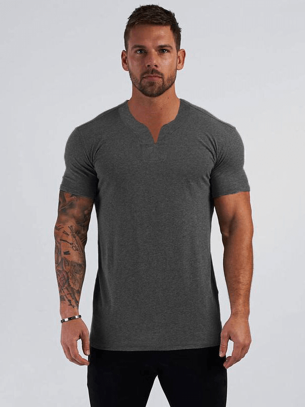 Stylish men's V-neck short sleeve slim fit T-shirt, perfect for casual wear or gym sessions, made from breathable 100% cotton.