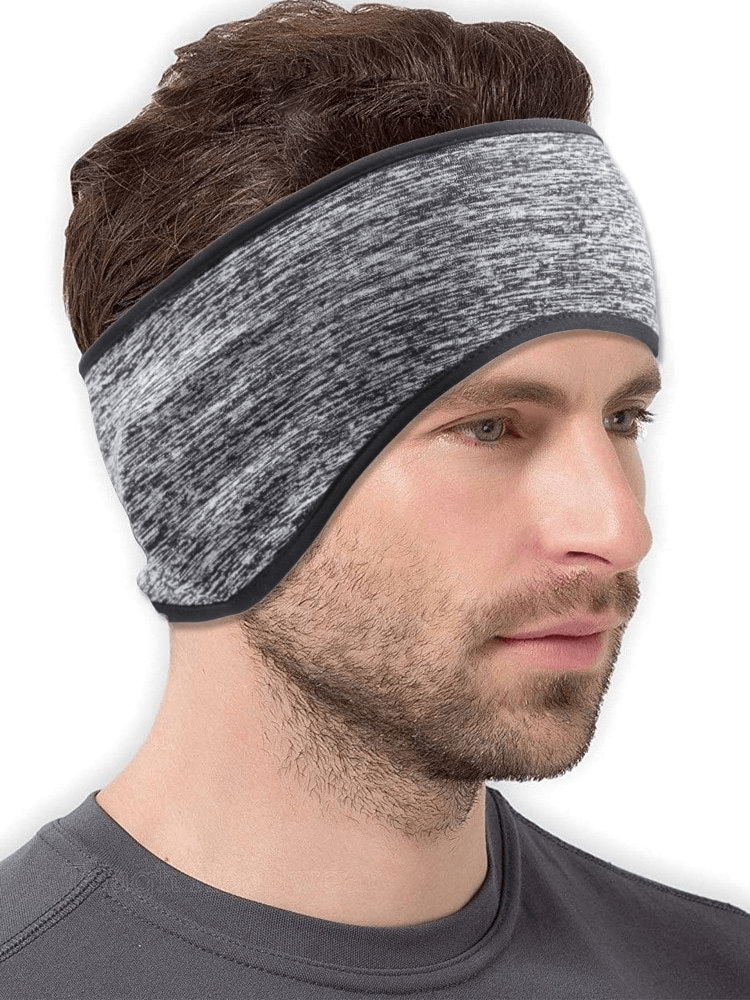 Model wearing warm elastic windproof sports headband for unisex cycling, gray color, designed to block wind and trap heat, one size fits all.