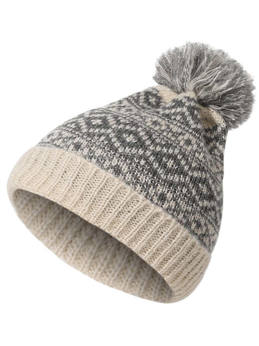 Unisex warm knitted pom wooly cap with plaid pattern, perfect ski beanie for winter, featuring cozy soft acrylic material.