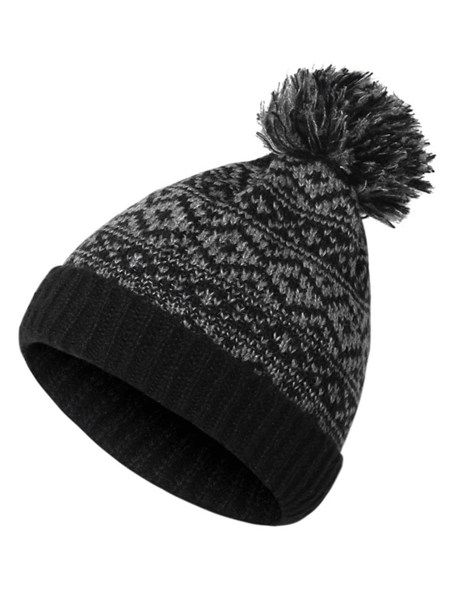 Warm knitted pom wooly cap with plaid pattern, unisex ski beanie for winter activities, black and grey design, cozy acrylic material.